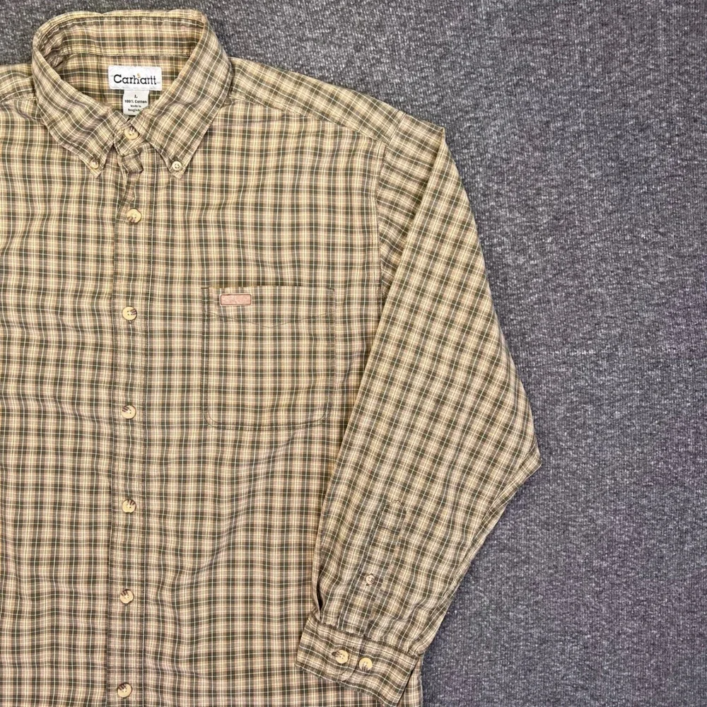 Carhartt Plaid Button Down Shirt‎ Mens Large Olive Green Workwear Casual S147OLV